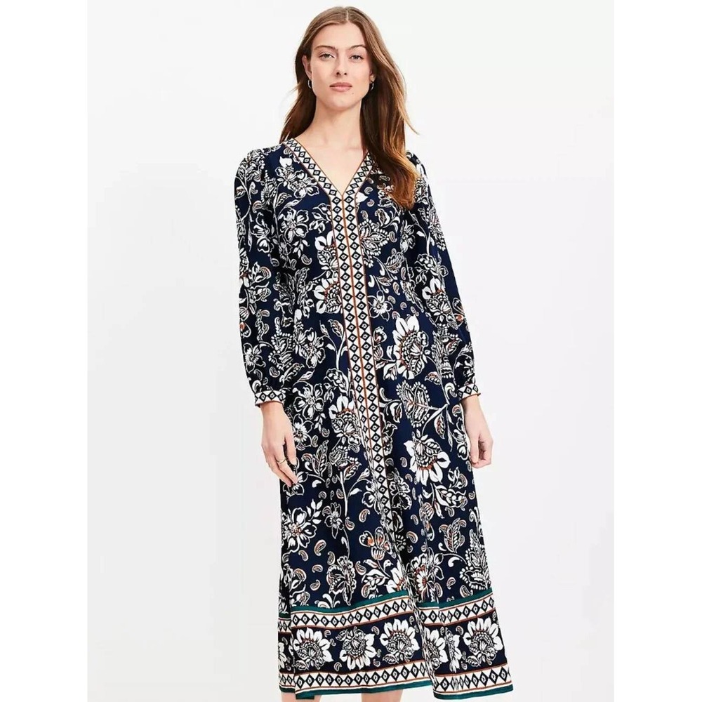 LOFT Petite Border Floral V-Neck Midi Dress Women's 00P Navy Front Split Boho